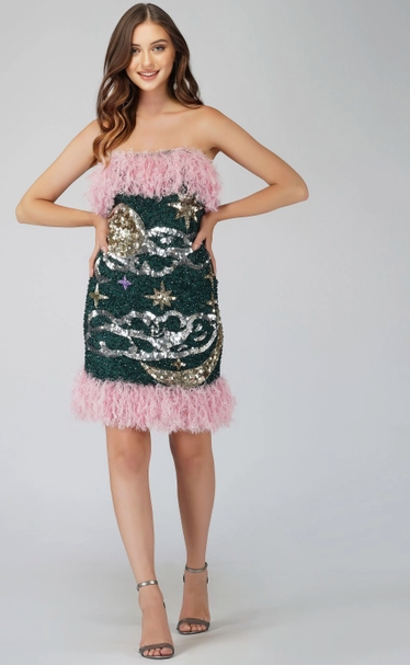 Midnight Sequin Feather Mini Dress in Emerald Green